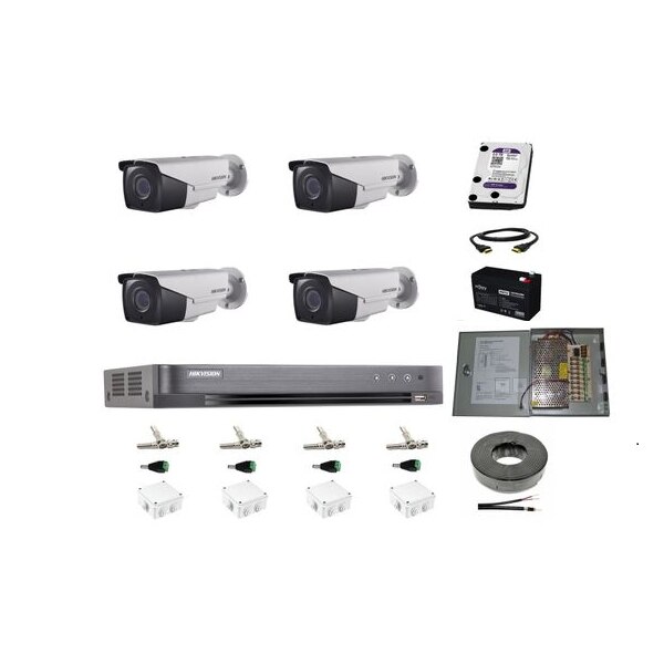 Sistem supraveghere profesional 4 camere Hikvision 2mp 80m Ir, accesorii, alimentare, HDD 2TB